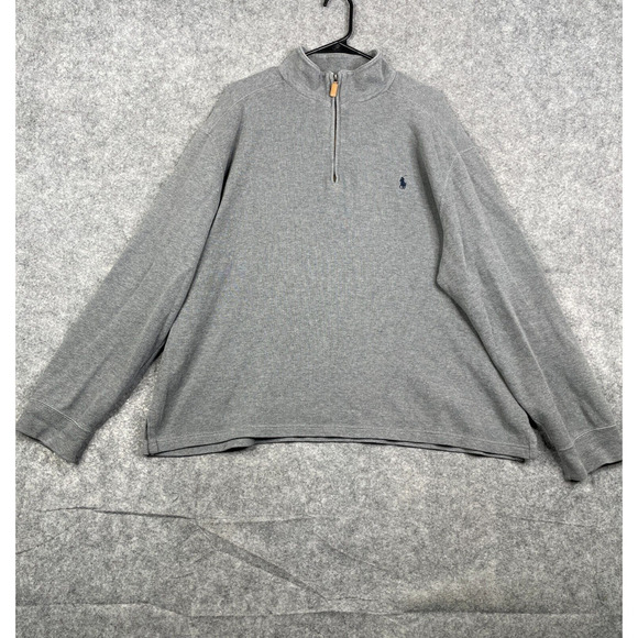 Polo Ralph Lauren 1/4 Zip Pullover Blue Pony Knit Stretch Sweater XL Gray Jumper - Picture 1 of 8